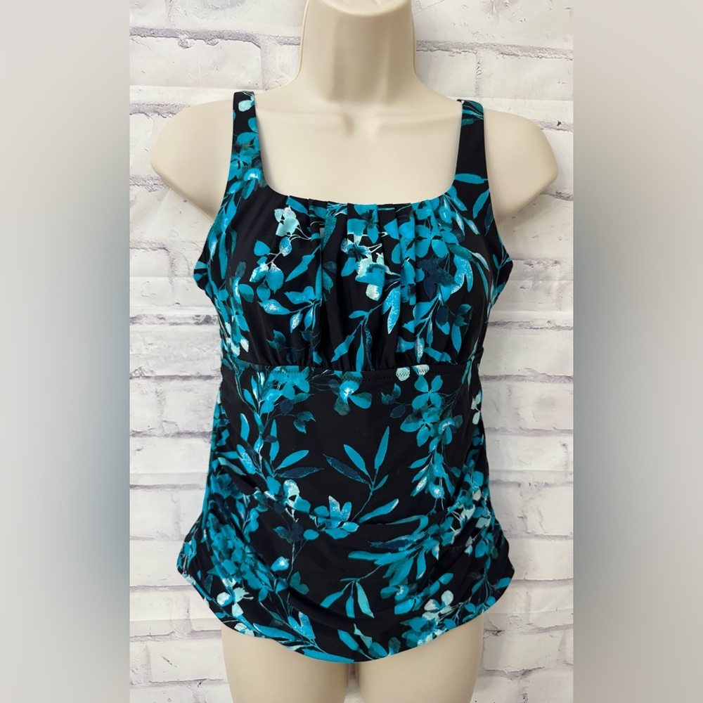 Lands’ End Size 8 Black Blue Floral Rouched Top Square Neck Tankini Top Swimsuit